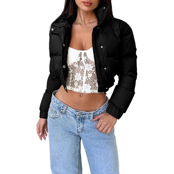 Jackets & Blazers - Women’s Cropped Jacket Puffer Jackets Long Sleeve Stand Collar Zipper Coat Black
